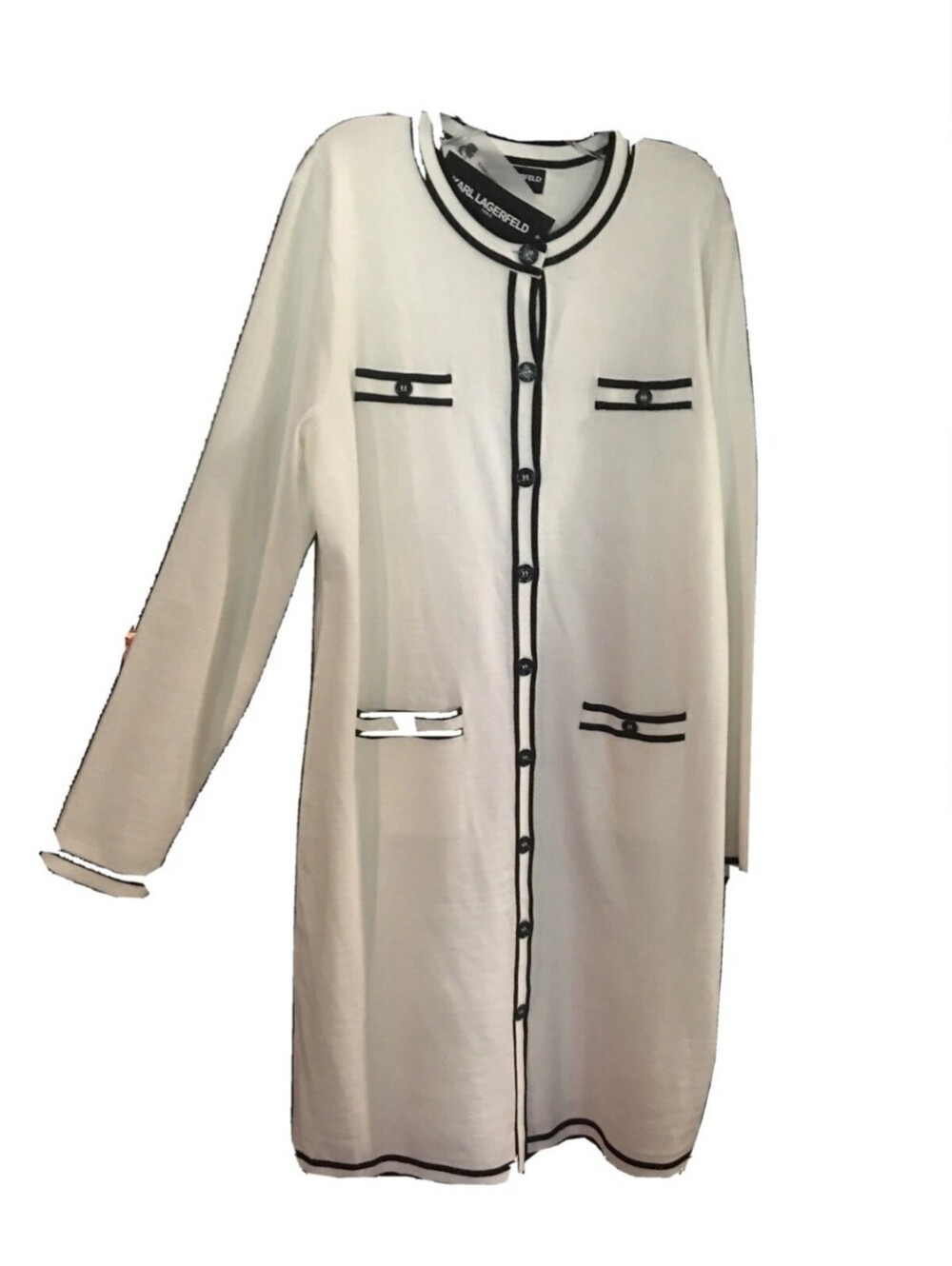 Karl Lagerfeld Cream Longline Cardigan with Black Trim NWT